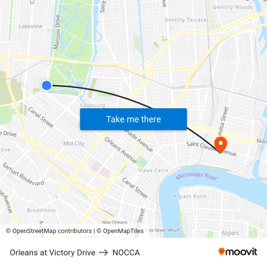 Orleans at Victory Drive to NOCCA map