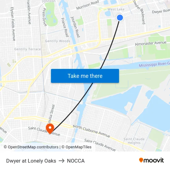 Dwyer Rd. at Lonely Oak Dr. to NOCCA map