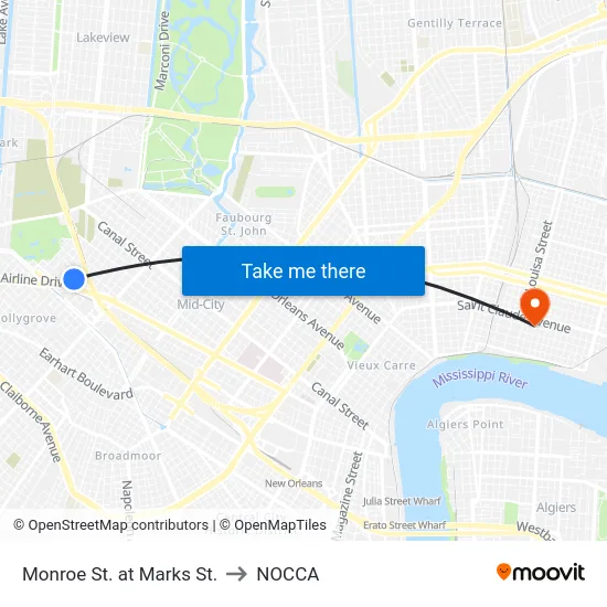 Monroe St. at Marks St. to NOCCA map