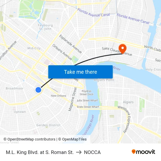M.L. King Blvd. at S. Roman St. to NOCCA map
