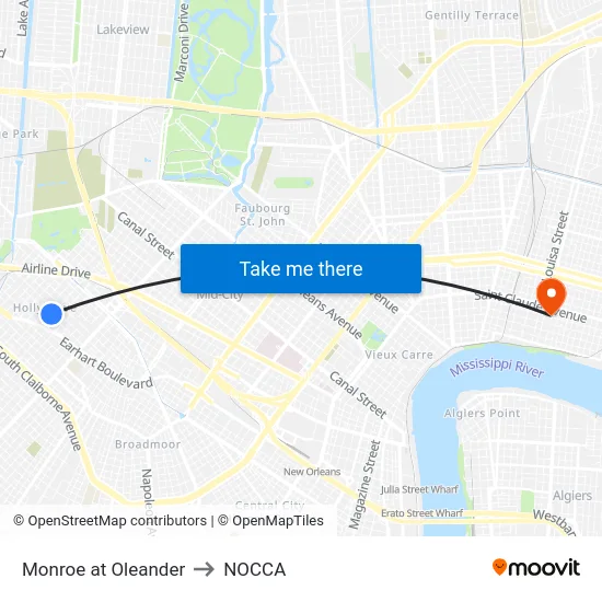 Monroe at Oleander to NOCCA map