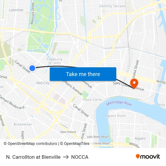 N. Carrollton at Bienville to NOCCA map