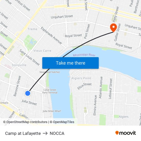Camp at Lafayette to NOCCA map