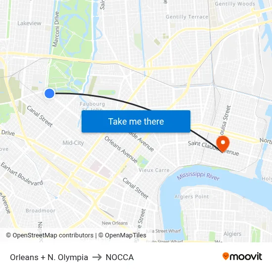 Orleans + N. Olympia to NOCCA map