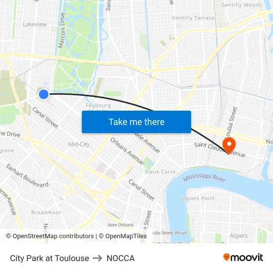 City Park Ave. at Toulouse St. to NOCCA map