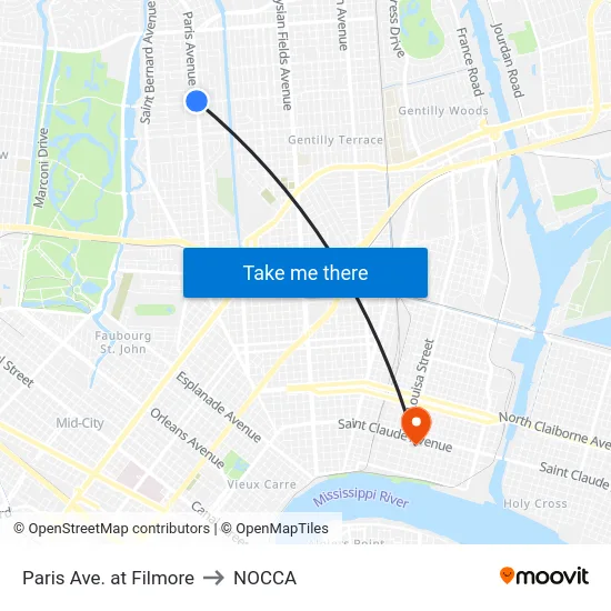 Paris Ave. at Filmore to NOCCA map