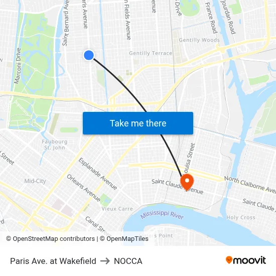 Paris Ave. at Wakefield to NOCCA map