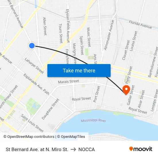 St Bernard Ave. at N. Miro St. to NOCCA map