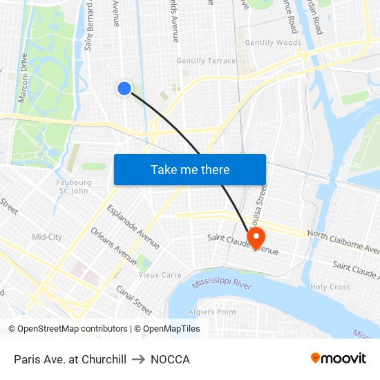 Paris Ave. at Churchill to NOCCA map