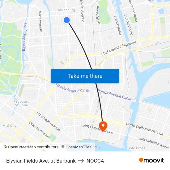 Elysian Fields Ave. at Burbank to NOCCA map