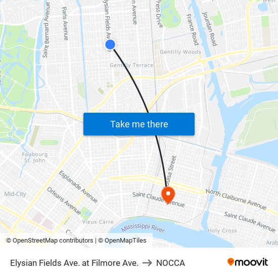 Elysian Fields Ave. at Filmore Ave. to NOCCA map