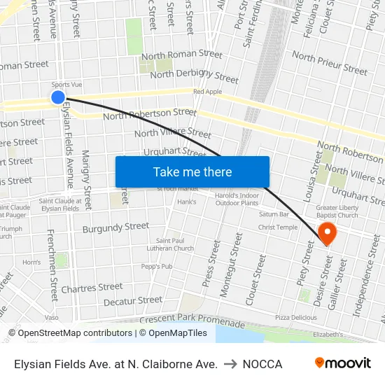 Elysian Fields Ave. at N. Claiborne Ave. to NOCCA map
