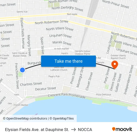 Elysian Fields Ave. at Dauphine St. to NOCCA map