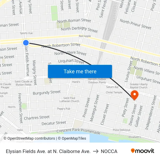 Elysian Fields Ave. at N. Claiborne Ave. to NOCCA map