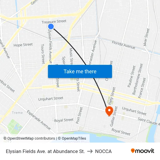 Elysian Fields Ave. at Abundance St. to NOCCA map