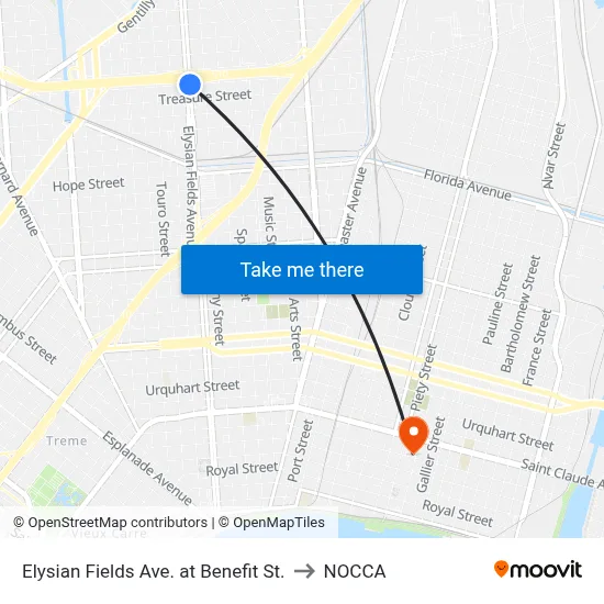 Elysian Fields Ave. at Benefit St. to NOCCA map