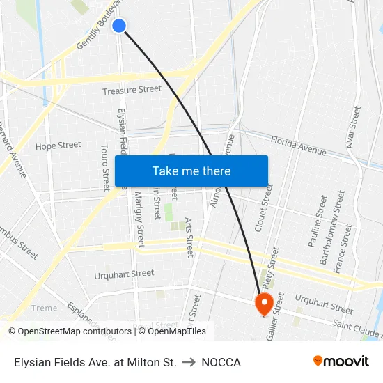 Elysian Fields Ave. at Milton St. to NOCCA map