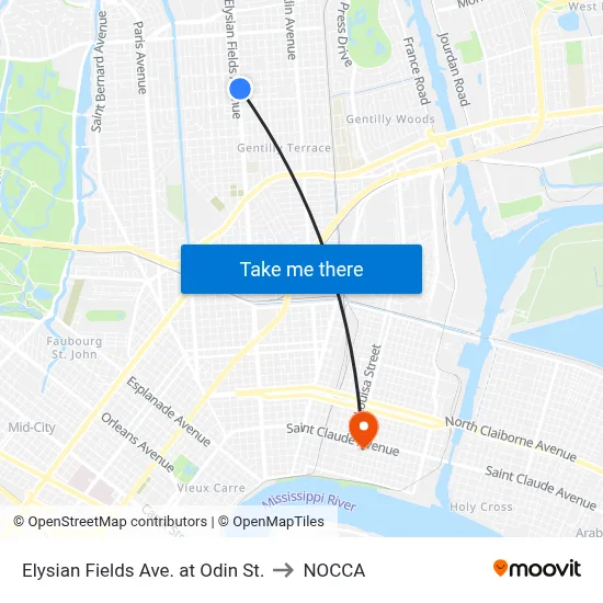 Elysian Fields Ave. at Odin St. to NOCCA map