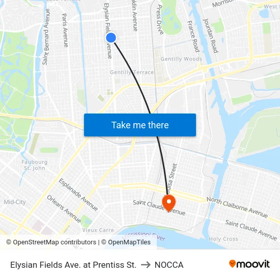 Elysian Fields Ave. at Prentiss St. to NOCCA map