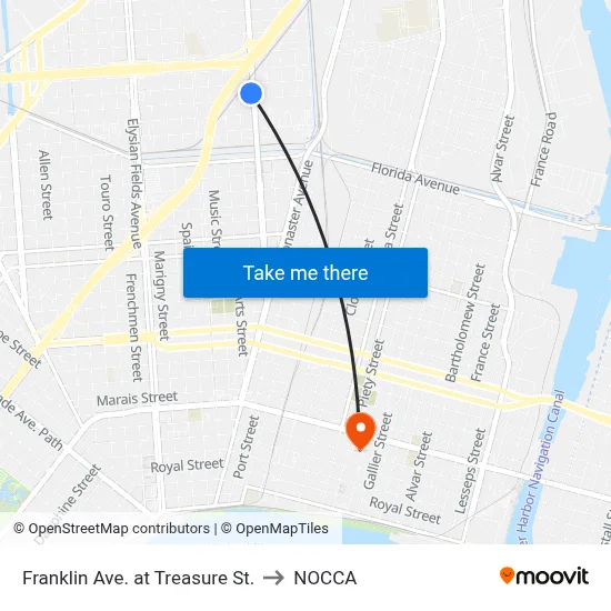 Franklin Ave. at Treasure St. to NOCCA map