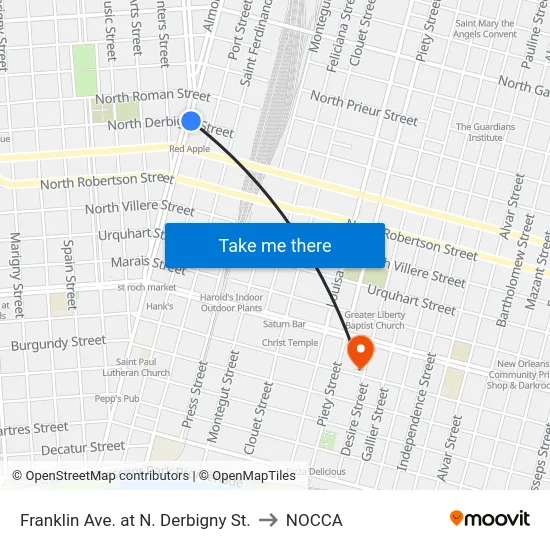 Franklin Ave. at N. Derbigny St. to NOCCA map