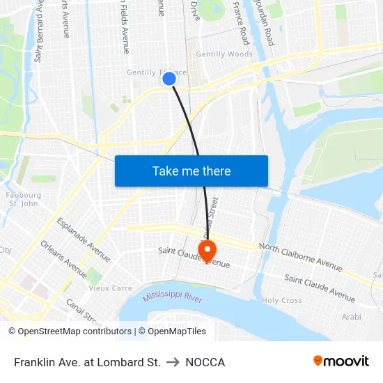 Franklin Ave. at Lombard St. to NOCCA map