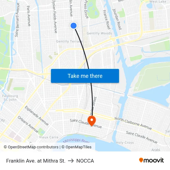 Franklin Ave. at Mithra St. to NOCCA map