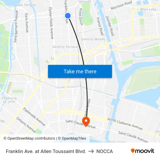 Franklin Ave. at Allen Toussaint Blvd. to NOCCA map
