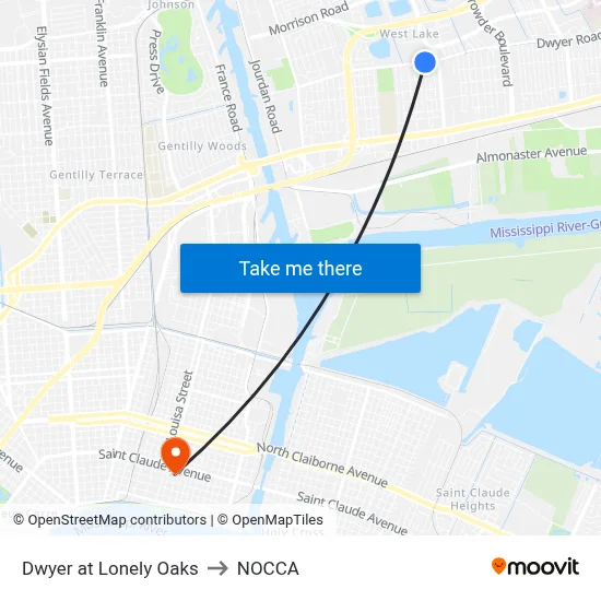 Dwyer at Lonely Oaks to NOCCA map