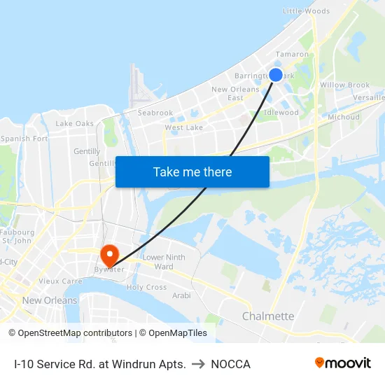 I-10 Service Rd. at Windrun Apts. to NOCCA map