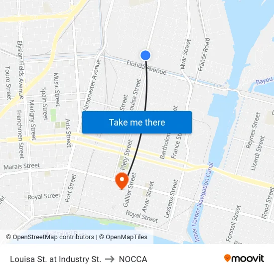 Louisa St. at Industry St. to NOCCA map