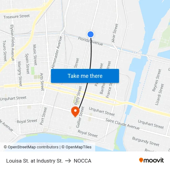 Louisa St. at Industry St. to NOCCA map