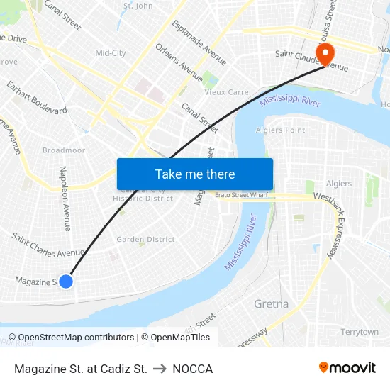 Magazine St. at Cadiz St. to NOCCA map