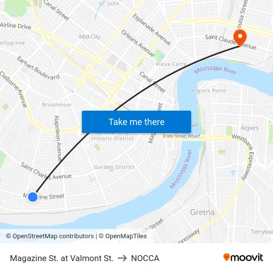 Magazine St. at Valmont St. to NOCCA map