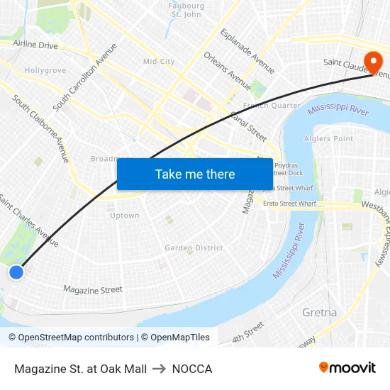 Magazine St. at Oak Mall to NOCCA map