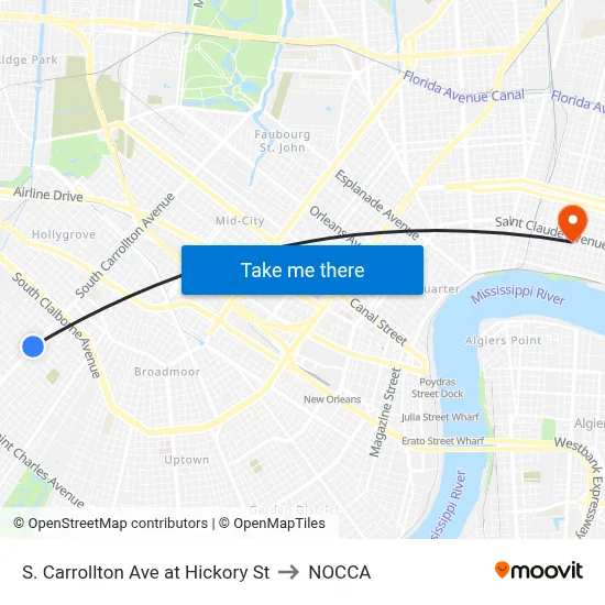 S. Carrollton Ave at Hickory St to NOCCA map