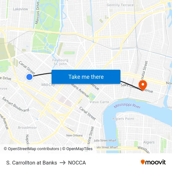 S. Carrollton at Banks to NOCCA map