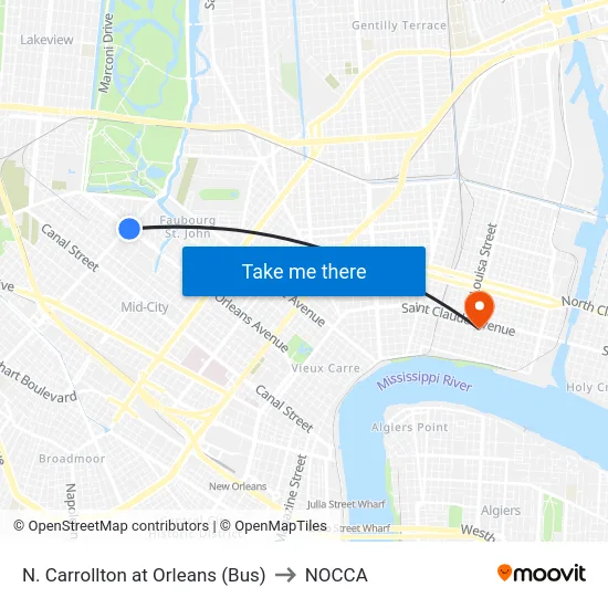 N. Carrollton at Orleans (Bus) to NOCCA map