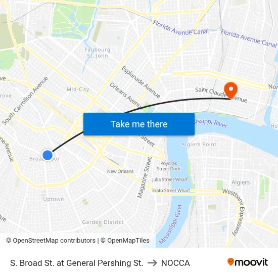 S. Broad St. at General Pershing St. to NOCCA map