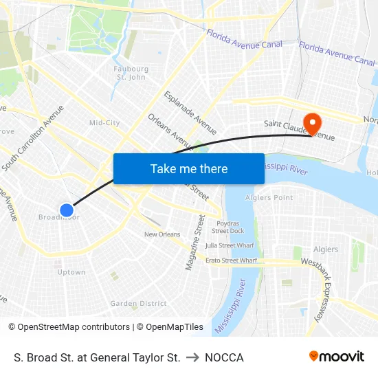 S. Broad St. at General Taylor St. to NOCCA map
