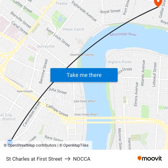 St Charles at First Street to NOCCA map