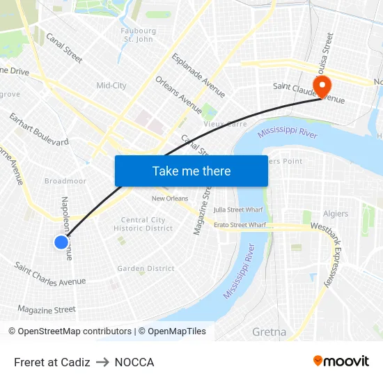 Freret St. at Cadiz St. to NOCCA map