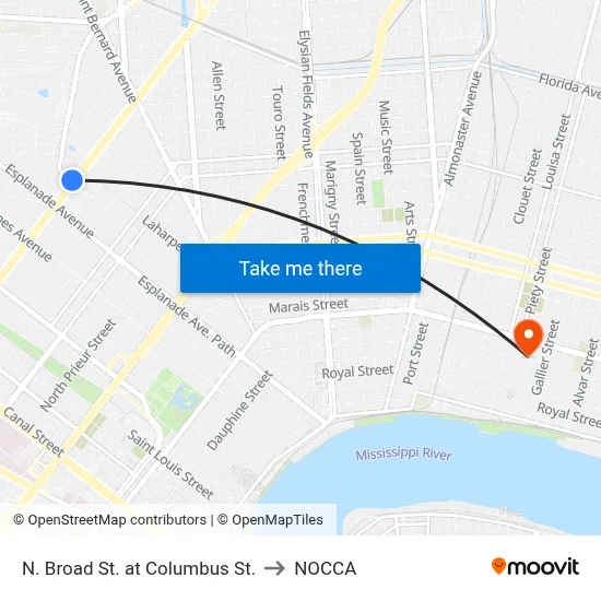 N. Broad St. at Columbus St. to NOCCA map