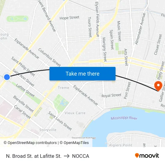 N. Broad St. at Lafitte St. to NOCCA map