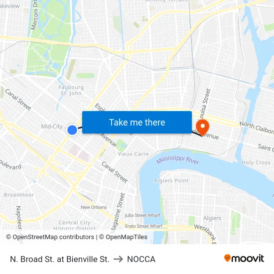 N. Broad St. at Bienville St. to NOCCA map