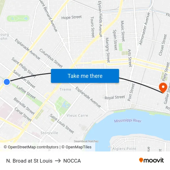 N. Broad at St Louis to NOCCA map