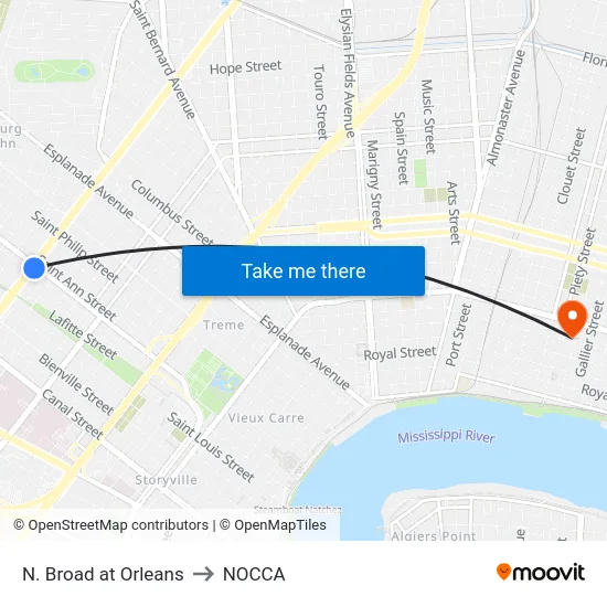 N. Broad at Orleans to NOCCA map