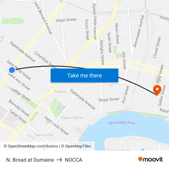 N. Broad at Dumaine to NOCCA map