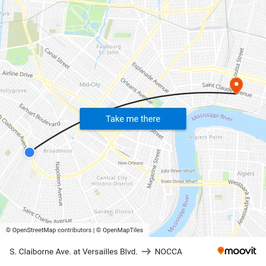 S. Claiborne Ave. at Versailles Blvd. to NOCCA map