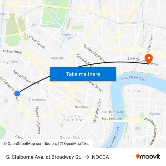 S. Claiborne Ave. at Broadway St. to NOCCA map
